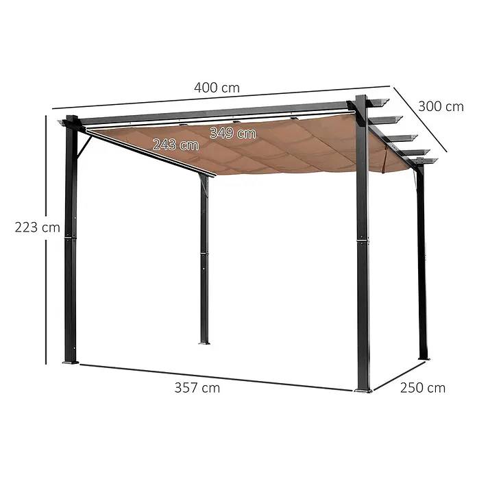 Outsunny Raffpavillon - B x T: 400 x 250 cm, Farbe Dach: Braun - Pergola mit dunklem Metallrahmen und braunem ausziehbarem Stoffdach.