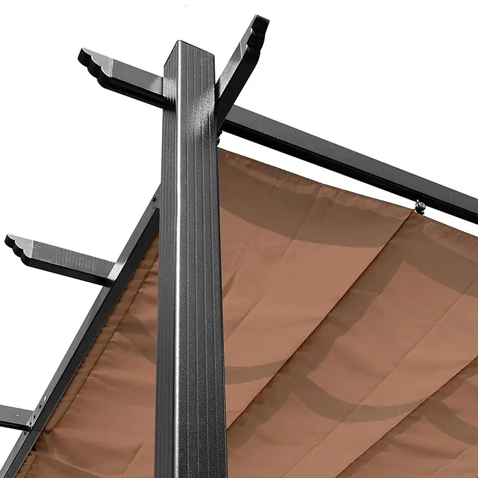 Outsunny Raffpavillon - B x T: 400 x 250 cm, Farbe Dach: Braun - Nahaufnahme eines dunkelgrauen Metall-Pergola-Gestells mit einer braunen, ausziehbaren Stoffüberdachung, die Schatten spendet.