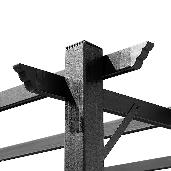 Outsunny Raffpavillon - B x T: 400 x 250 cm, Farbe Dach: Braun - Dunkelgraue, texturierte Metall-Pergolastruktur mit sich kreuzenden Balken, Stützpfosten und dekorativen Endstücken.
