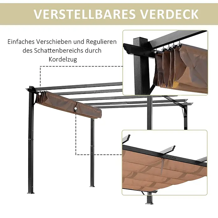 Outsunny Raffpavillon - B x T: 400 x 250 cm, Farbe Dach: Braun - Dunkle Metallpergola mit ausziehbarem braunen Stoffdach, per Kordelzug zur Schattenregulierung verstellbar.