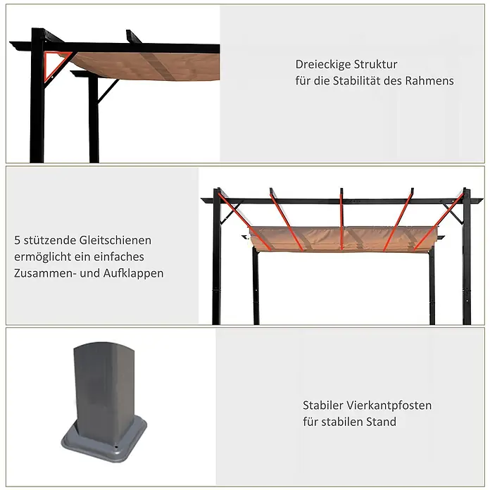 Outsunny Raffpavillon - B x T: 400 x 250 cm, Farbe Dach: Braun - Pergola mit dreieckigem Rahmen für Stabilität, ausziehbarer Markise mit 5 Schienen und stabilen Vierkantpfosten.