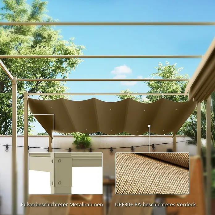 Outsunny Raffpavillon - Farbe Dach: Khaki - Beige Pergola mit einziehbarem braunem UPF30+ Verdeck. Pulverbeschichteter Metallrahmen und PA-beschichteter Stoff.