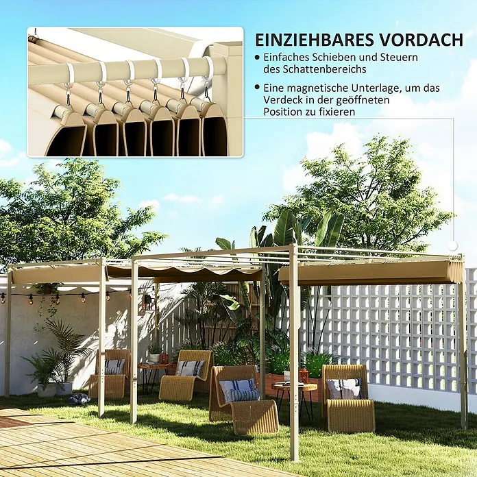 Outsunny Raffpavillon - Farbe Dach: Khaki - Ein beiges, ausziehbares Vordach für Garten oder Terrasse, mit einem Nahaufnahme des Schiebemechanismus zur einfachen Schattenanpassung.