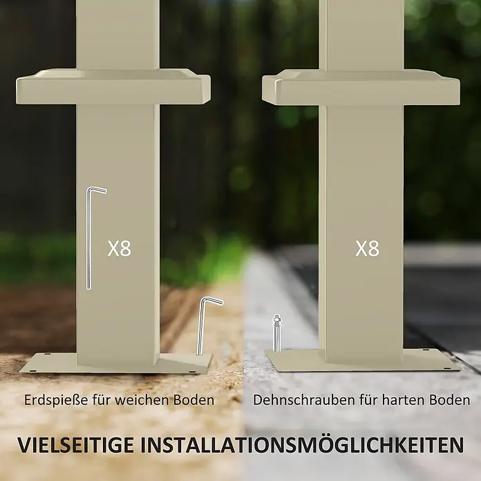 Outsunny Raffpavillon - Farbe Dach: Khaki - Helle, beigefarbene Pfostenbasis mit zwei Installationsoptionen: Erdspieße für weichen Boden und Dehnschrauben für harten Boden. Jeweils 8 Stück enthalten.