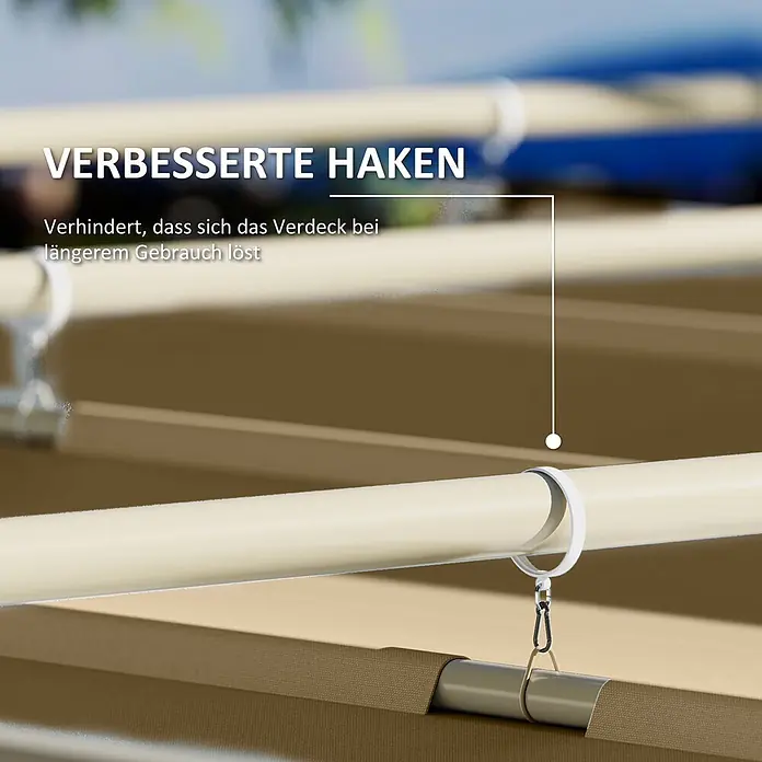 Outsunny Raffpavillon - Farbe Dach: Khaki - Nahaufnahme eines beigen Markisenstoffs und -gestells mit verbessertem weißen Hakensystem, das das Verdeck vor dem Lösen schützt.
