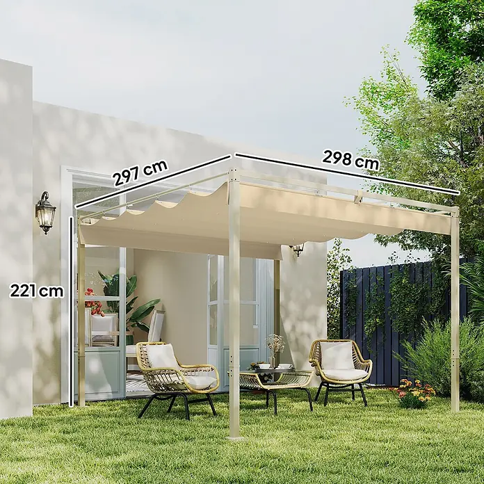 Outsunny Raffpavillon - Farbe Dach: Khaki - Beige-farbene, ausziehbare Pergolamarkise im Garten, Maße 297x298x221 cm.