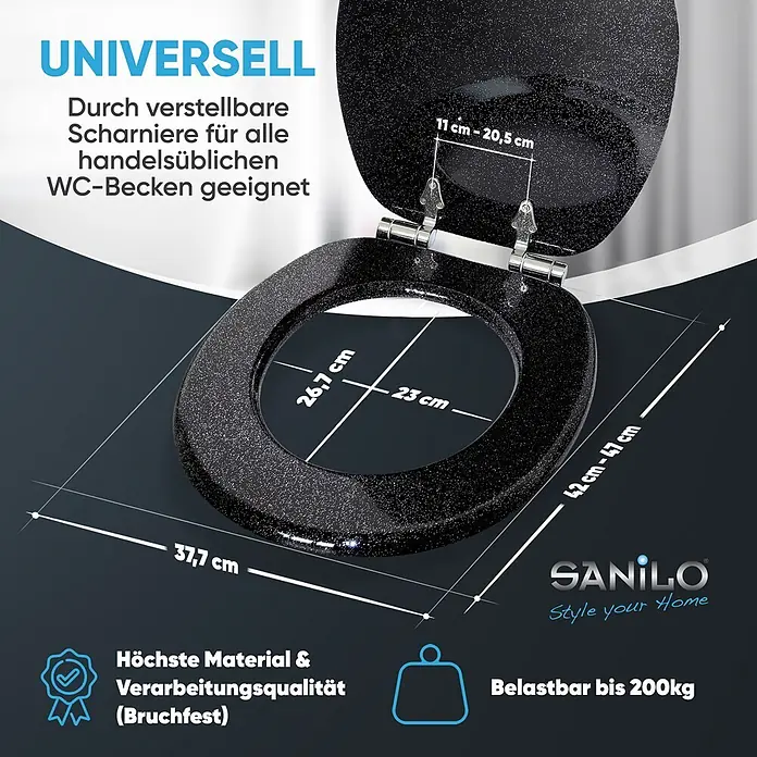 SANILO WC-Sitz Glitzer Schwarz mit Schnellverschluss - MDF, Schwarz, Mit Absenkautomatik - Schwarzer Glitzer-WC-Sitz mit verstellbaren Scharnieren. Maße: 37,7x42-47cm, innen 26,7x23cm. Universell passend, bis 200kg belastbar.