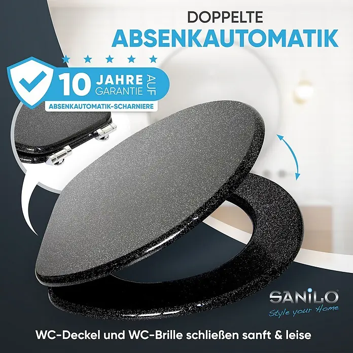 SANILO WC-Sitz Glitzer Schwarz mit Schnellverschluss - MDF, Schwarz, Mit Absenkautomatik - Schwarzer WC-Sitz mit Glitzer und Absenkautomatik, Deckel und Brille schließen sanft.