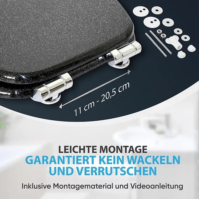 SANILO WC-Sitz Glitzer Schwarz mit Schnellverschluss - MDF, Schwarz, Mit Absenkautomatik - Schwarzer Glitzer-Toilettensitz mit Chromscharnieren. Inklusive Montagematerial, Einstellbereich 11-20,5 cm.