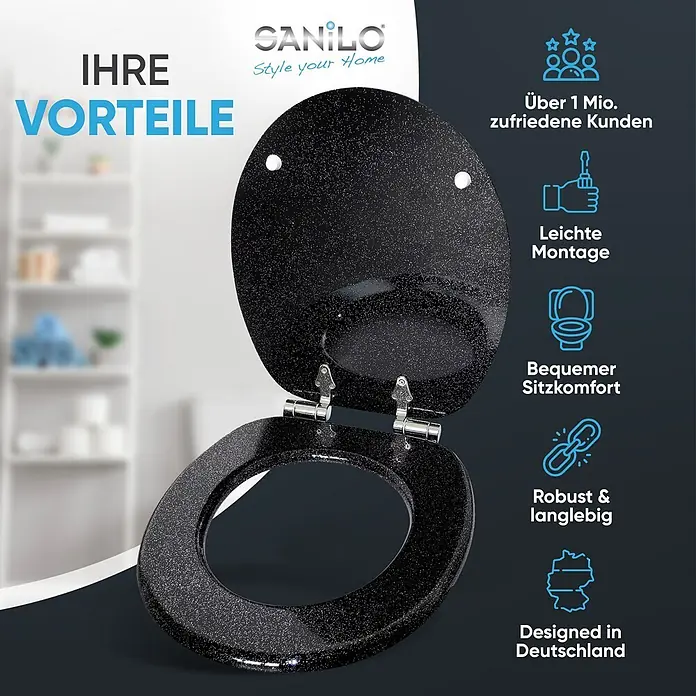 SANILO WC-Sitz Glitzer Schwarz mit Schnellverschluss - MDF, Schwarz, Mit Absenkautomatik - Schwarzer Glitzer-WC-Sitz, geöffnet, mit Deckel und Ring.