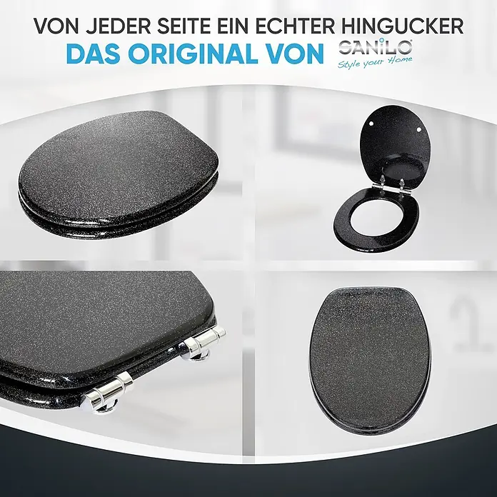 SANILO WC-Sitz Glitzer Schwarz mit Schnellverschluss - MDF, Schwarz, Mit Absenkautomatik - Schwarzer Glitzer-Toilettensitz, geschlossen, geöffnet und Nahaufnahme der Chromscharniere.