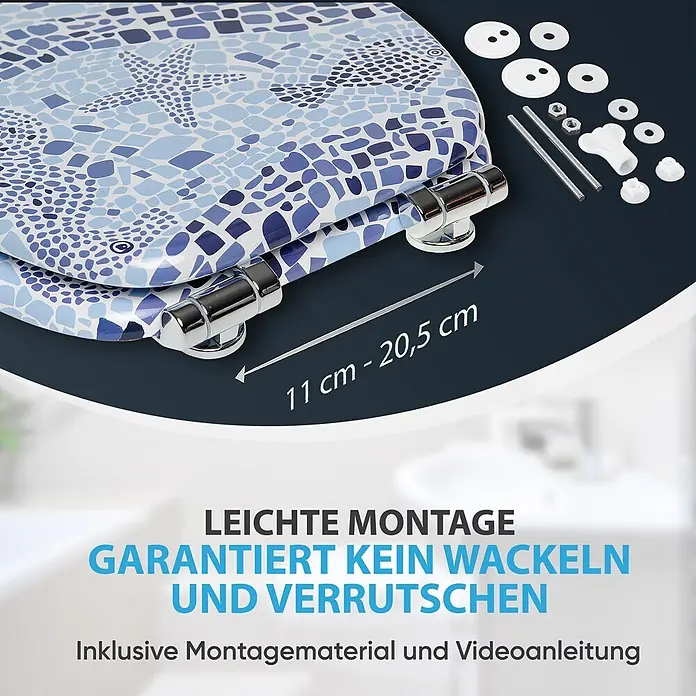 SANILO WC-Sitz Mosaic World mit Schnellverschluss - MDF, Blau, Mit Absenkautomatik - Blau-weiß gemusterter Toilettensitz mit Mosaik-Seestern-Design und verstellbaren Scharnieren (11-20,5 cm). Montagematerial ist inbegriffen.