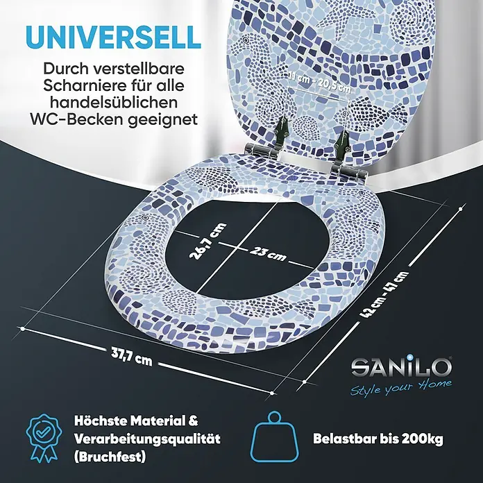 SANILO WC-Sitz Mosaic World mit Schnellverschluss - MDF, Blau, Mit Absenkautomatik - Toilettensitz mit blauem Mosaikmuster, verstellbaren Scharnieren, universeller Passform, hoher Qualität, bruchfest und bis zu 200 kg belastbar.