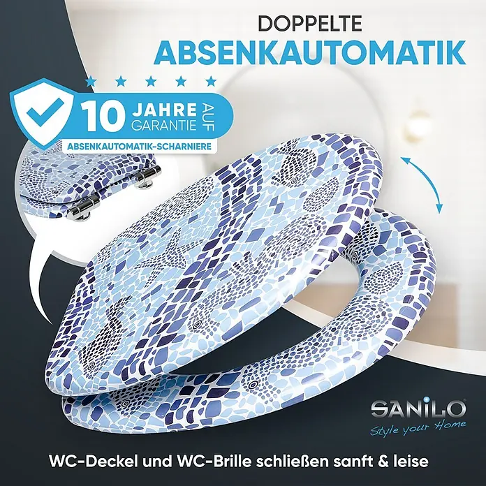 SANILO WC-Sitz Mosaic World mit Schnellverschluss - MDF, Blau, Mit Absenkautomatik - Blau-weißer WC-Sitz mit Mosaikmuster, doppelter Absenkautomatik und 10 Jahren Garantie auf Scharniere. Schließt sanft & leise.
