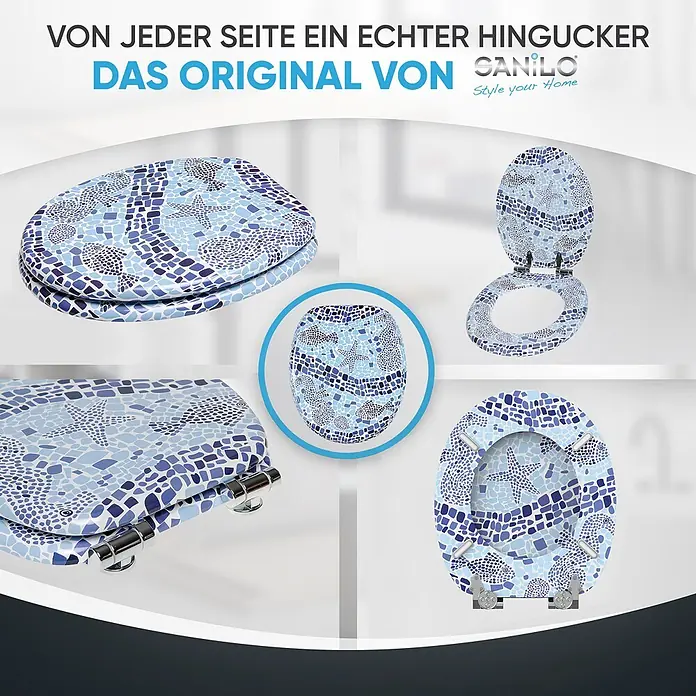 SANILO WC-Sitz Mosaic World mit Schnellverschluss - MDF, Blau, Mit Absenkautomatik - Blau-weißer Mosaik-Toilettensitz mit Seesternen, Fischen und Seepferdchen, aus verschiedenen Perspektiven gezeigt.