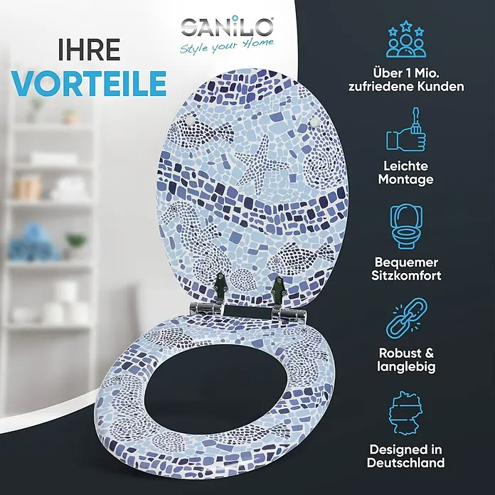 SANILO WC-Sitz Mosaic World mit Schnellverschluss - MDF, Blau, Mit Absenkautomatik - Blauer und weißer Mosaik-Toilettensitz mit Meereslebewesen-Mustern wie Fischen, Seesternen und Seepferdchen.