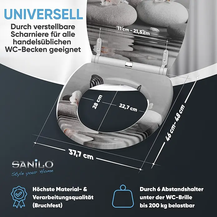 SANILO WC-Sitz Vanesa mit Schnellverschluss - MDF, Grau, Mit Absenkautomatik - WC-Sitz mit Zen-Design, verstellbaren Scharnieren (11-21,5cm), 46-48x37,7cm. Bruchsicher, 200kg belastbar, passend für alle Standard-WCs.