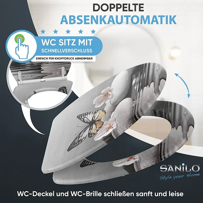 SANILO WC-Sitz Vanesa mit Schnellverschluss - MDF, Grau, Mit Absenkautomatik - Grauer WC-Sitz mit Schmetterlings-, Orchideen- und Kieselmotiv, mit Absenkautomatik und Schnellverschluss.