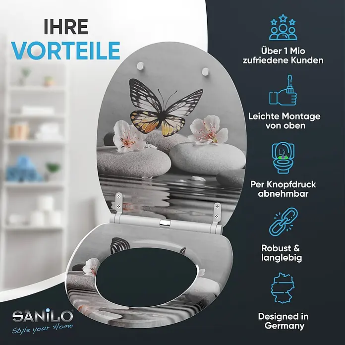 SANILO WC-Sitz Vanesa mit Schnellverschluss - MDF, Grau, Mit Absenkautomatik - WC-Sitz mit Schmetterlings-, Stein- und Wassermotiv.