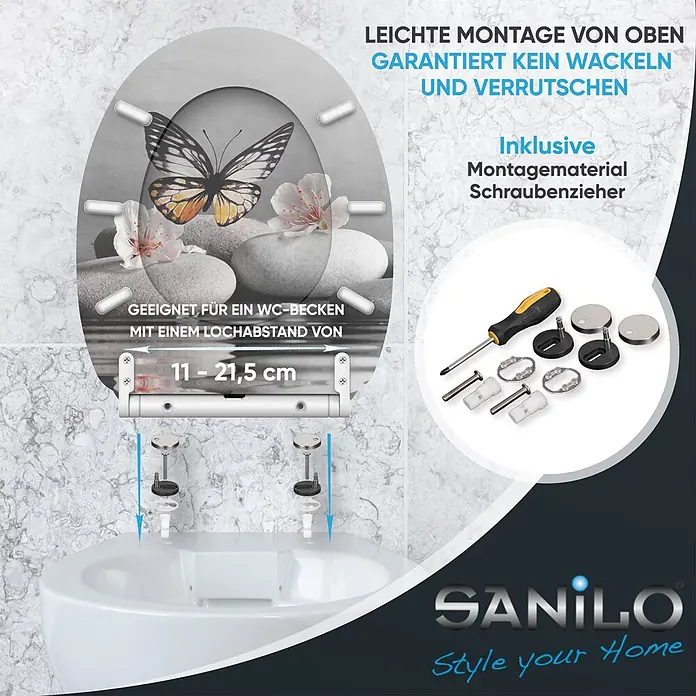 SANILO WC-Sitz Vanesa mit Schnellverschluss - MDF, Grau, Mit Absenkautomatik - WC-Sitz mit Schmetterlingsdekor, zeigt einfache Top-Montage, 11-21,5cm Lochabstand und inkl. Montagematerial mit Schraubenzieher.