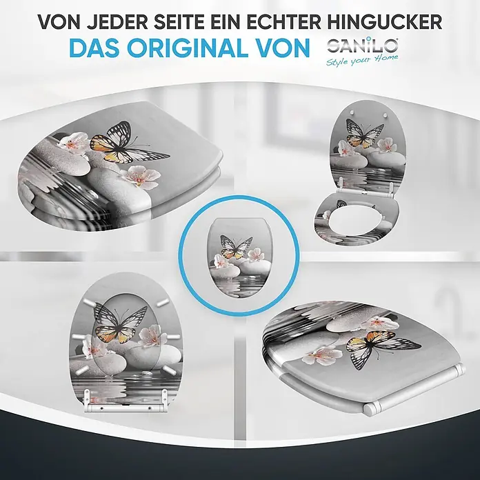 SANILO WC-Sitz Vanesa mit Schnellverschluss - MDF, Grau, Mit Absenkautomatik - Toilettensitz mit einem ruhigen grauen Design aus Schmetterlingen, Steinen und Blumen.