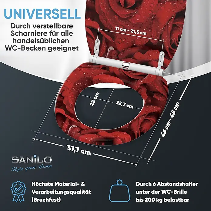 SANILO WC-Sitz Rosen mit Schnellverschluss - MDF, Rot, Mit Absenkautomatik - Universeller WC-Sitz mit roten Rosen und Wassertropfen, verstellbaren Scharnieren, hoher Qualität, bis 200kg belastbar.