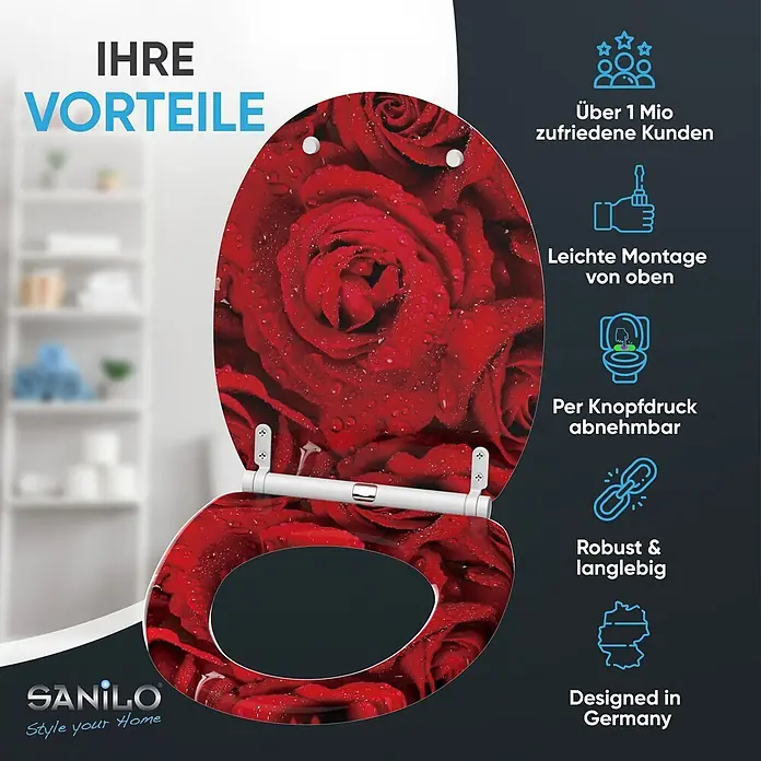 SANILO WC-Sitz Rosen mit Schnellverschluss - MDF, Rot, Mit Absenkautomatik - Toilettensitz mit lebhaftem roten Rosen- und Wassertropfenmuster, der seine Ästhetik und Hauptmerkmale hervorhebt.