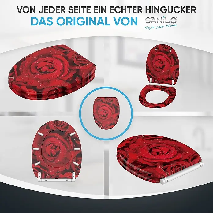 SANILO WC-Sitz Rosen mit Schnellverschluss - MDF, Rot, Mit Absenkautomatik - WC-Sitz mit rotem Rosenmuster und Wassertropfen, aus verschiedenen Perspektiven gezeigt.