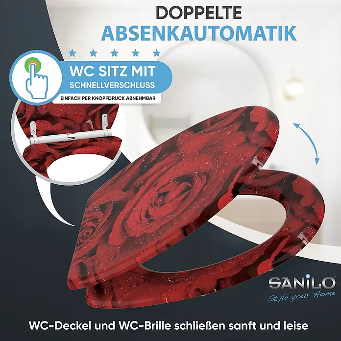 SANILO WC-Sitz Rosen mit Schnellverschluss - MDF, Rot, Mit Absenkautomatik - Toilettensitz mit roten Rosen und Wassertropfen, doppelter Absenkautomatik und Schnellverschluss, schließt sanft und leise.