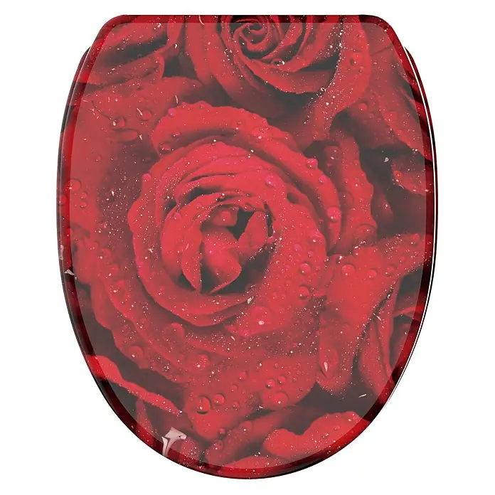 SANILO WC-Sitz Rosen mit Schnellverschluss - MDF, Rot, Mit Absenkautomatik - Glänzender Toilettensitz mit leuchtendem roten Rosenmuster und Wassertropfen.