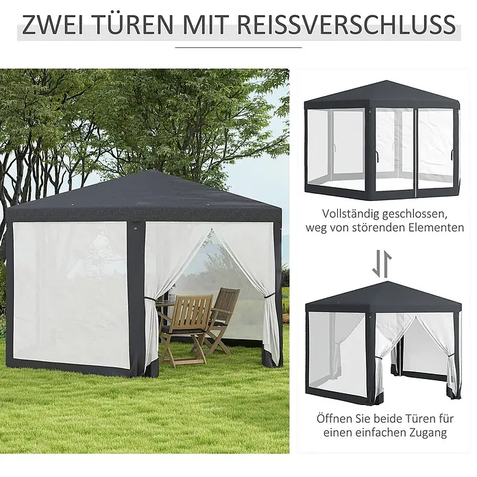 Outsunny Standard-Pavillon - Farbe Gestell: Dunkelgrau, Metall - Dunkelgrauer Pavillon mit weißen Seitenwänden und zwei Reißverschlusstüren, geöffnet in einem Garten, mit Bildern für geschlossene und offene Nutzung.