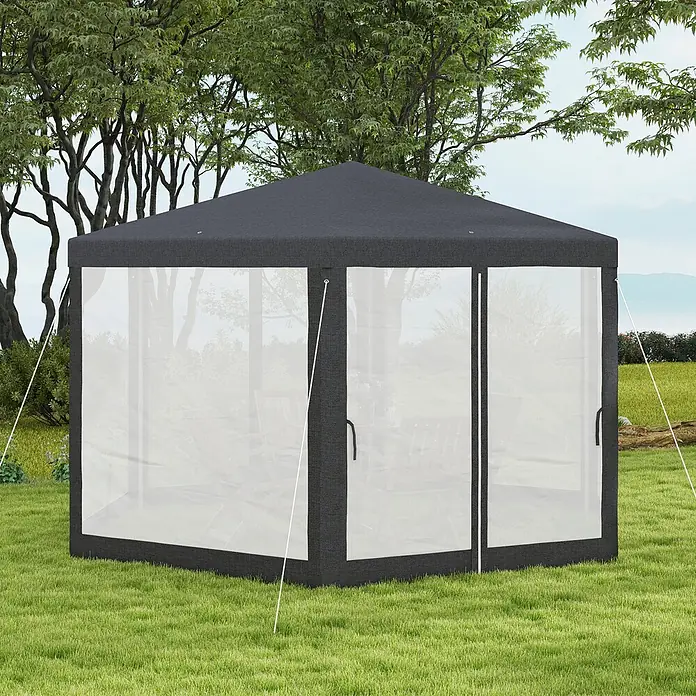 Outsunny Standard-Pavillon - Farbe Gestell: Dunkelgrau, Metall - Dunkelgrauer Gartengazebo mit transparenten Seitenwänden auf Rasenfläche, ideal für Veranstaltungen.