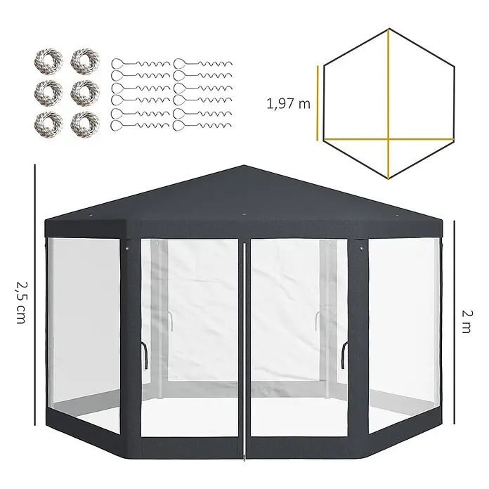 Outsunny Standard-Pavillon - Farbe Gestell: Dunkelgrau, Metall - Dunkelgrauer sechseckiger Pavillon mit transparenten Wänden. 2,5m Dachhöhe, 2m Wandhöhe, 1,97m Breite. Inklusive Seilen & Heringen.