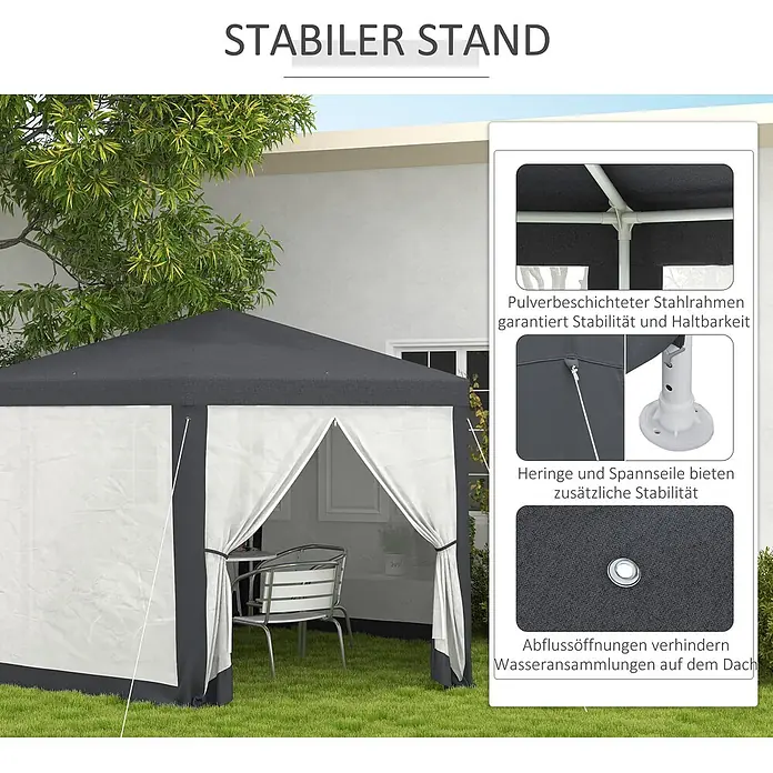 Outsunny Standard-Pavillon - Farbe Gestell: Dunkelgrau, Metall - Dunkelgraues Gartenpavillon mit weißen Vorhängen für Außenbereiche, mit stabilem Stahlrahmen und Dachabflüssen für Haltbarkeit.