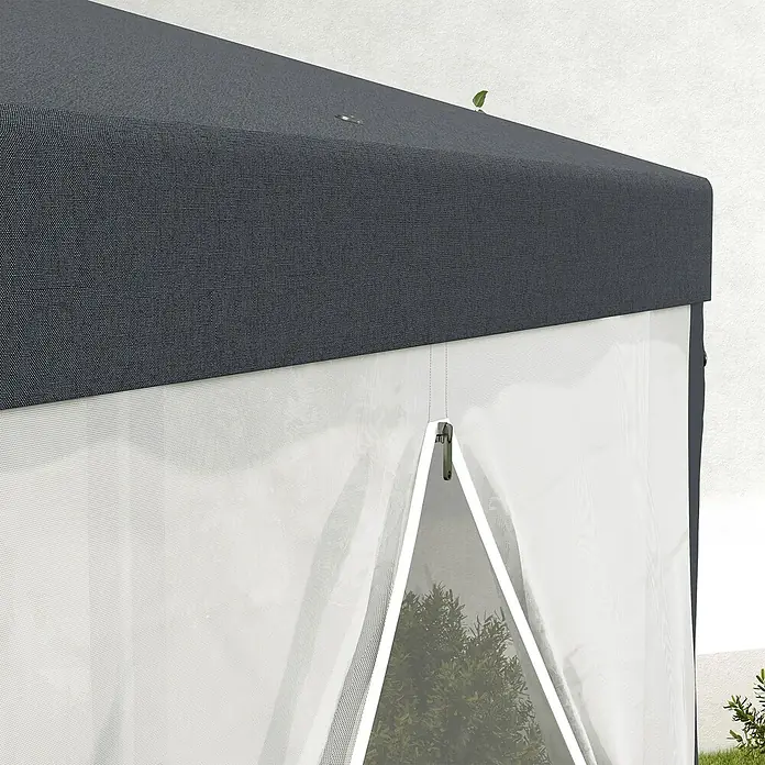 Outsunny Standard-Pavillon - Farbe Gestell: Dunkelgrau, Metall - Dunkelgraues Pavillondach mit weißem Netztuch, das von einer Klammer offen gehalten wird.