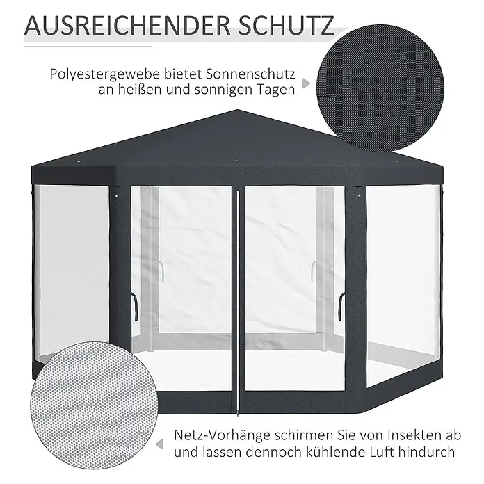 Outsunny Standard-Pavillon - Farbe Gestell: Dunkelgrau, Metall - Dunkelgrauer Pavillon mit Polyesterdach als Sonnenschutz und Netzvorhängen für Insektenschutz und Luftzirkulation.