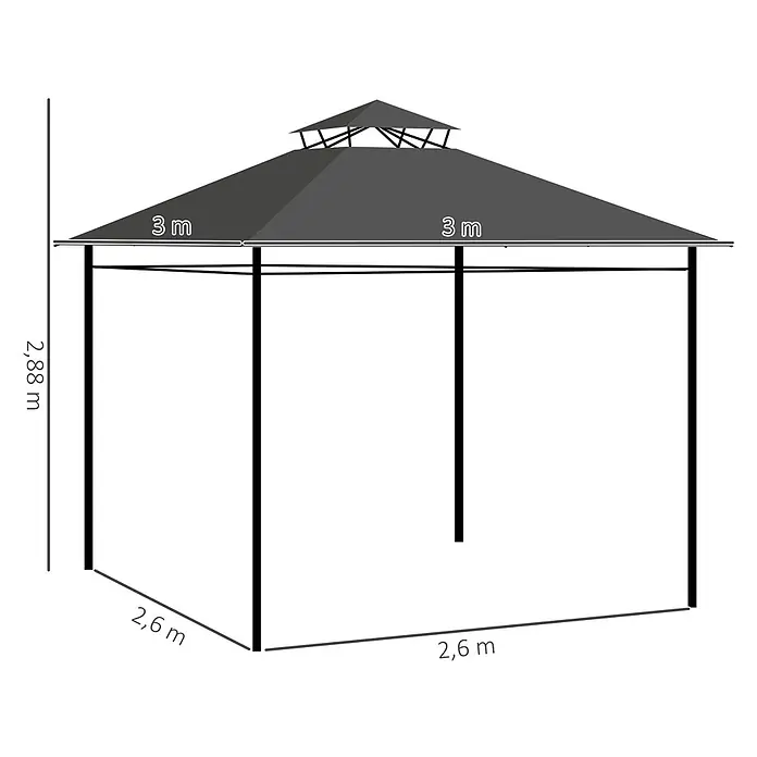 Outsunny Standard-Pavillon Dunkelgrau, 300cm x 300cm x 288m - Farbe Gestell: Schwarz, Metall - Dunkelgraues und schwarzes Pavillon mit zweistufigem Dach, 2,6m x 2,6m Basis und 2,88m Höhe, 3m x 3m Dach.