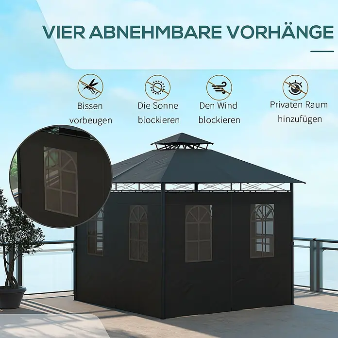 Outsunny Standard-Pavillon Dunkelgrau, 300cm x 300cm x 288m - Farbe Gestell: Schwarz, Metall - Dunkelgrauer Pavillon mit vier abnehmbaren Vorhängen, der auf einer Terrasse Schatten, Privatsphäre und Schutz vor Wind und Insekten bietet.