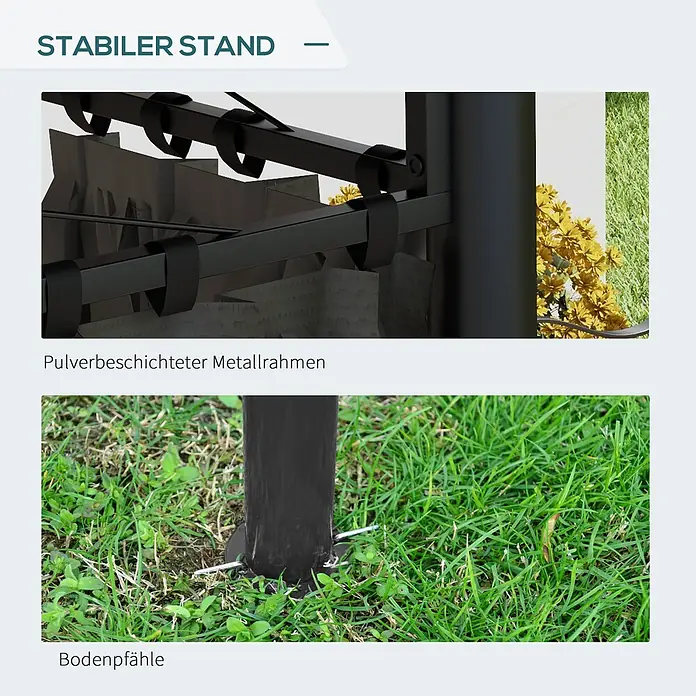 Outsunny Standard-Pavillon Dunkelgrau, 300cm x 300cm x 288m - Farbe Gestell: Schwarz, Metall - Stabiler Outdoor-Stand mit schwarz pulverbeschichtetem Metallrahmen, dunkelgrauen Vorhängen und Bodenpfählen im Gras befestigt.