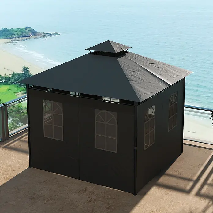 Outsunny Standard-Pavillon Dunkelgrau, 300cm x 300cm x 288m - Farbe Gestell: Schwarz, Metall - Dunkelgraues Outdoor-Gartenpavillon mit Bogenfenster-Paneelen und gestuftem Dach, auf einer Terrasse mit Meerblick.
