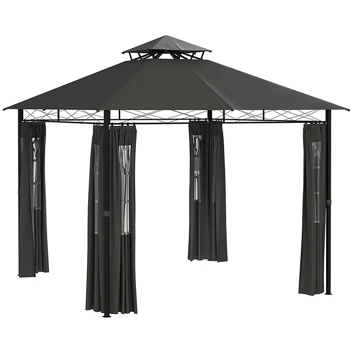 Outsunny Standard-Pavillon Dunkelgrau, 300cm x 300cm x 288m - Farbe Gestell: Schwarz, Metall - Dunkelgrauer Pavillon mit zweistufigem Dach und passenden Sichtschutzvorhängen mit Klarsichtfenstern.