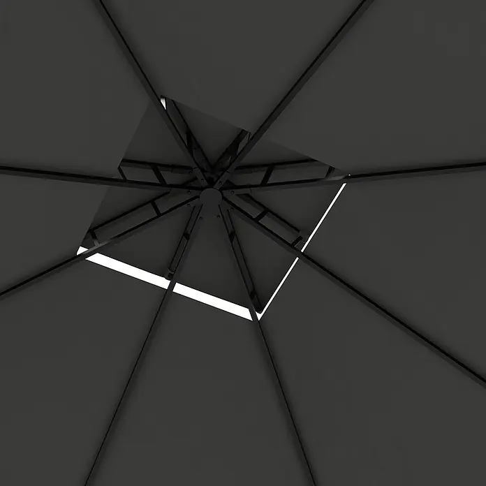 Outsunny Standard-Pavillon Dunkelgrau, 300cm x 300cm x 288m - Farbe Gestell: Schwarz, Metall - Unteransicht eines dunkelgrauen Sonnenschirmdachs mit schwarzen Metallstreben und Mittelknoten, durch dessen Lücken Licht fällt.