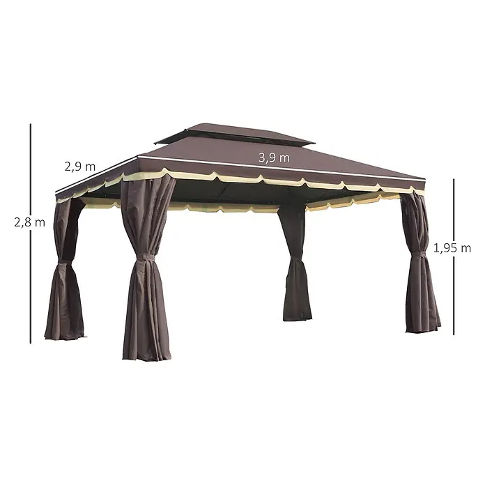 Outsunny Standard-Pavillon - Farbe Gestell: Schwarz, Aluminium - Brauner Outdoor-Pavillon mit Doppeldach, Vorhängen und Maßen.