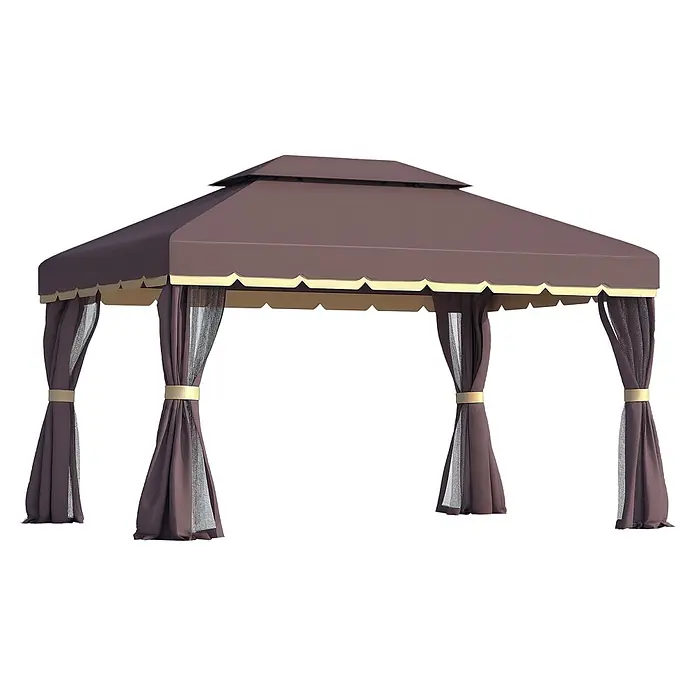 Outsunny Standard-Pavillon - Farbe Gestell: Schwarz, Aluminium - Braunes Outdoor-Gartenpavillon mit gestuftem Dach, beiger Zierleiste und passenden gerafften Vorhängen.