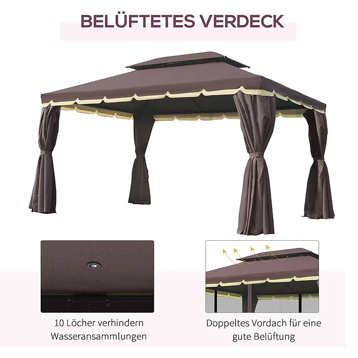 Outsunny Standard-Pavillon - Farbe Gestell: Schwarz, Aluminium - Brauner Pavillon mit Vorhängen, belüftetem Doppeldach und Ablauflöchern zur Vermeidung von Wasseransammlungen.