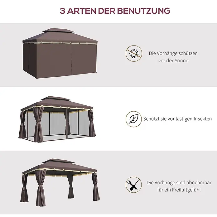 Outsunny Standard-Pavillon - Farbe Gestell: Schwarz, Aluminium - Braunes Gartenpavillon mit vielseitigen Vorhängen, das drei Nutzungsarten zeigt: geschlossener Sonnen- und Insektenschutz oder offenes Freiluftgefühl.