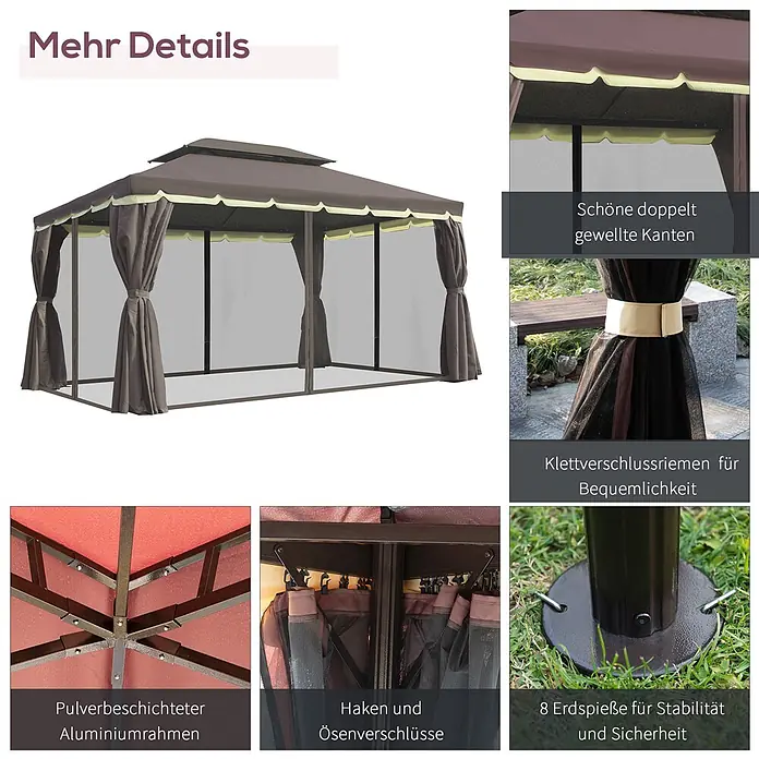 Outsunny Standard-Pavillon - Farbe Gestell: Schwarz, Aluminium - Braunes Pavillon mit Netzseiten und Vorhängen, pulverbeschichtetem Aluminiumrahmen für den Außenbereich.