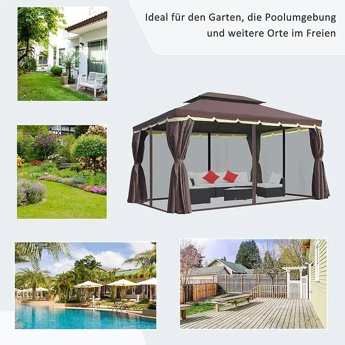 Outsunny Standard-Pavillon - Farbe Gestell: Schwarz, Aluminium - Brauner Outdoor-Pavillon mit zweistufigem Dach, Netzgewebe und Vorhängen zum Zurückbinden, ideal für Gärten, Poolbereiche und andere Außenbereiche.
