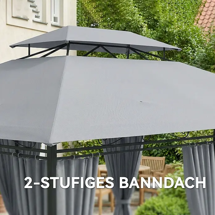Outsunny Standard-Pavillon - Farbe Gestell: Dunkelgrau, Stahl - Grauer zweistufiger Gartenpavillon mit Stoffdach und Vorhängen.