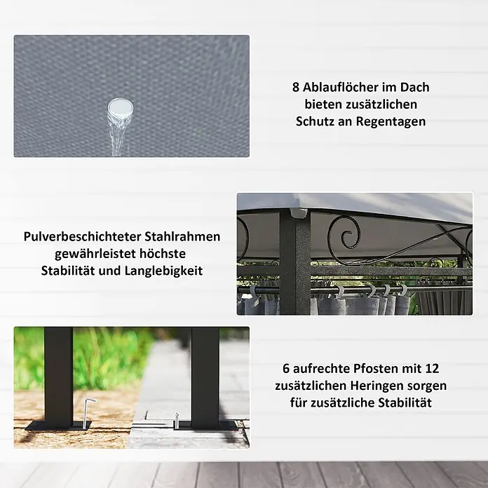 Outsunny Standard-Pavillon - Farbe Gestell: Dunkelgrau, Stahl - Stabiler Pavillon mit pulverbeschichtetem Stahlrahmen, Entwässerungslöchern im Dach und Verankerungsheringen für zusätzliche Stabilität.